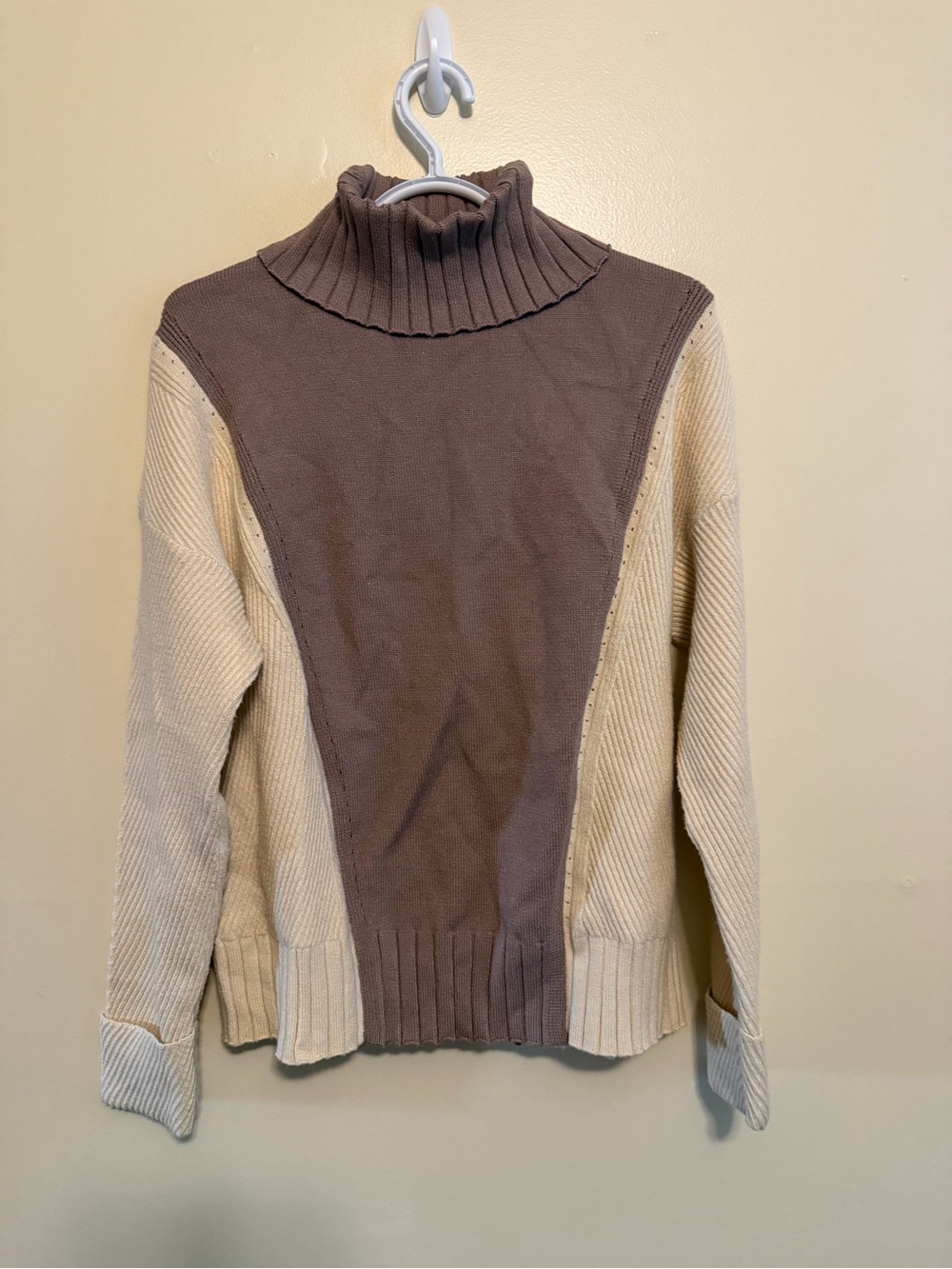Max Studio Cream and Brown Funnel Neck Colorblock Sweater